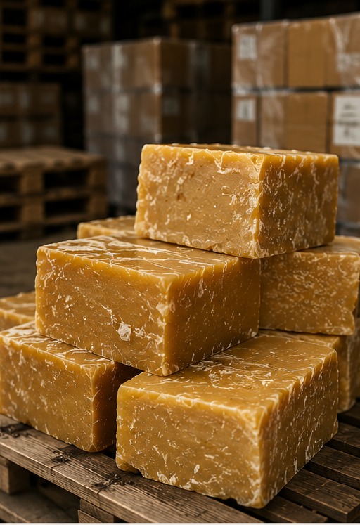 Raw beeswax blocks in a warehouse setting